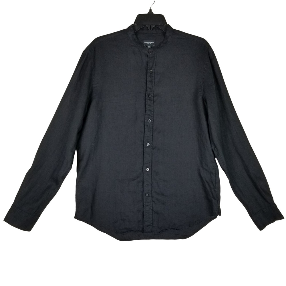 Club Monaco Linen Shirt Men Medium Black Slim Fit Band Collar Long Sleeve